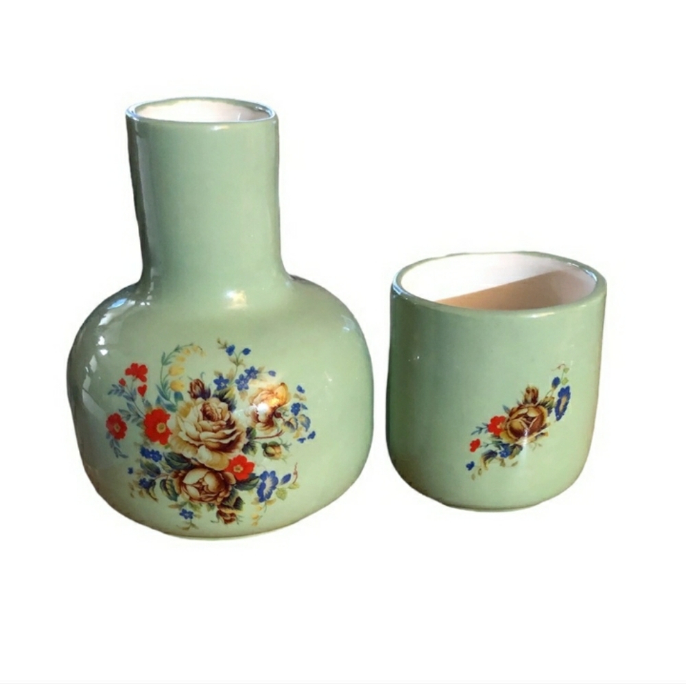 Vintage Bedside Glazed Ceramic Carafe & CupVintage EUC!